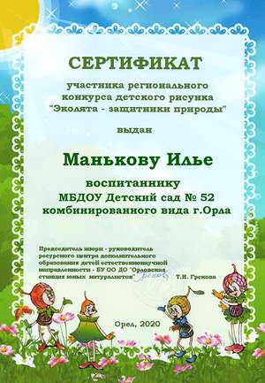 Сертификат участника в региональном конкурсе детского рисунка "Эколята-дошколята"